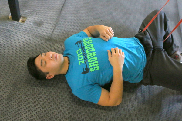 Paul working on a banded groin stretch